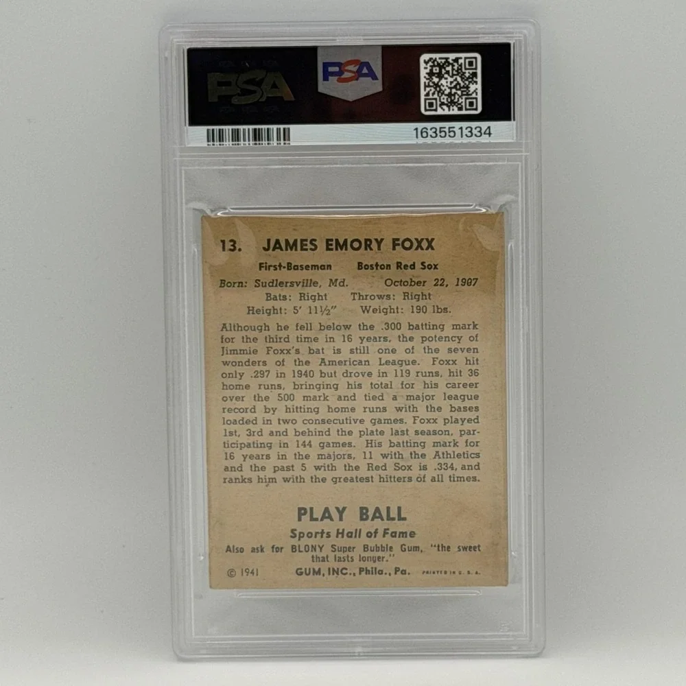 1941 Play Ball Jimmie Foxx #13 PSA 2 Boston Red Sox MLB HOF Card Vintage